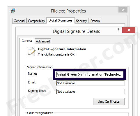 Screenshot of the Anhui Green Xin Information Technology Co. Ltd certificate